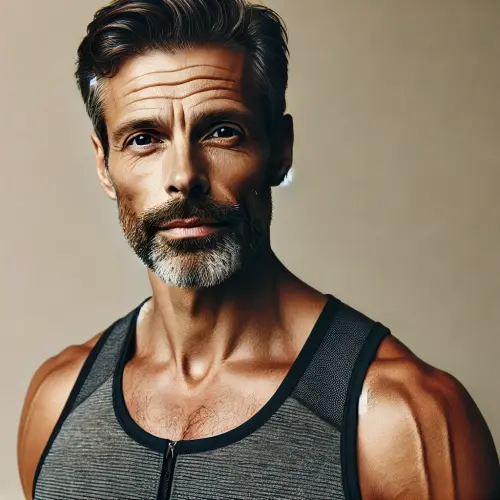 DALL·E 2024 12 24 10.09.41 A man, 45 years old, wearing gym attire including a sleeveless top and tr.webp