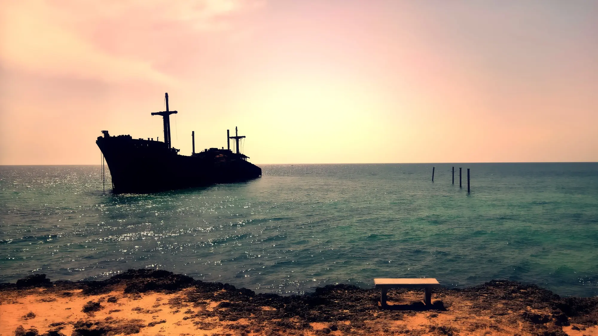 beautiful view remaining greek ship by beach kish کشتی یونانی