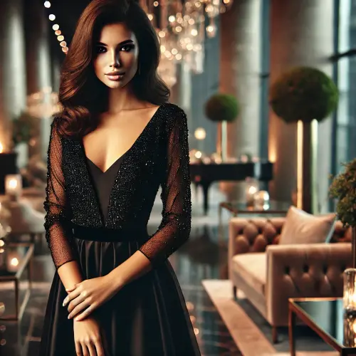 DALL·E 2025 01 17 12.39.48 A stunning and elegant woman in a glamorous black dress with a deep neckl.webp