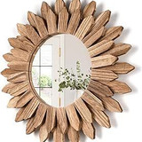 Honiway Wall Mirror Decorative 12 inch Rustic Wood Mirror Sunburst Boho Mirror for Entryway Bedroom 