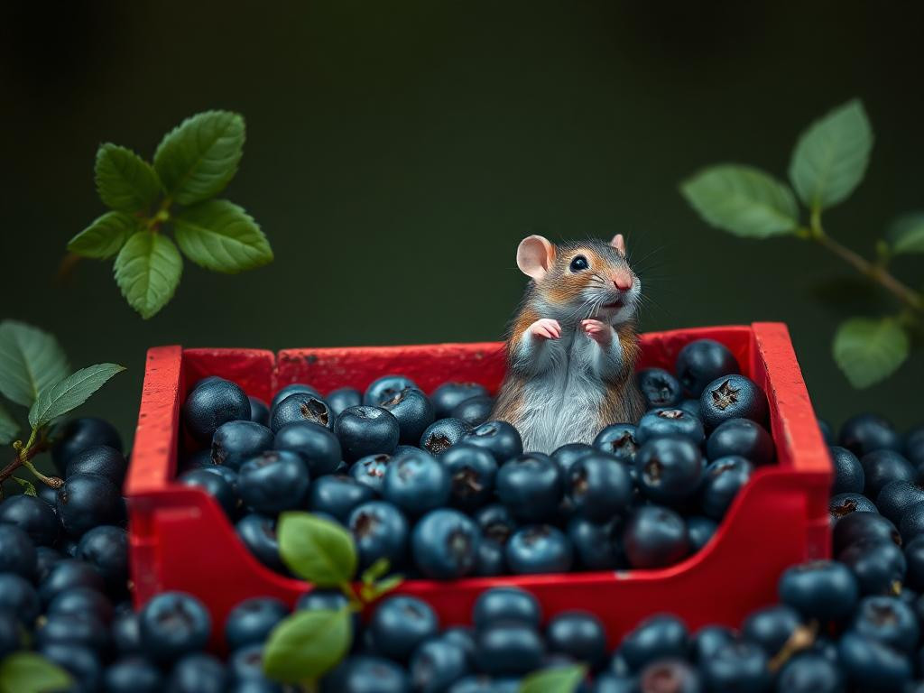 A red box of blue berries with a rat dancing inside