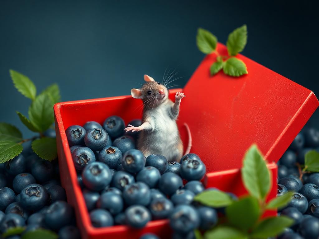 A red box of blue berries with a rat dancing inside