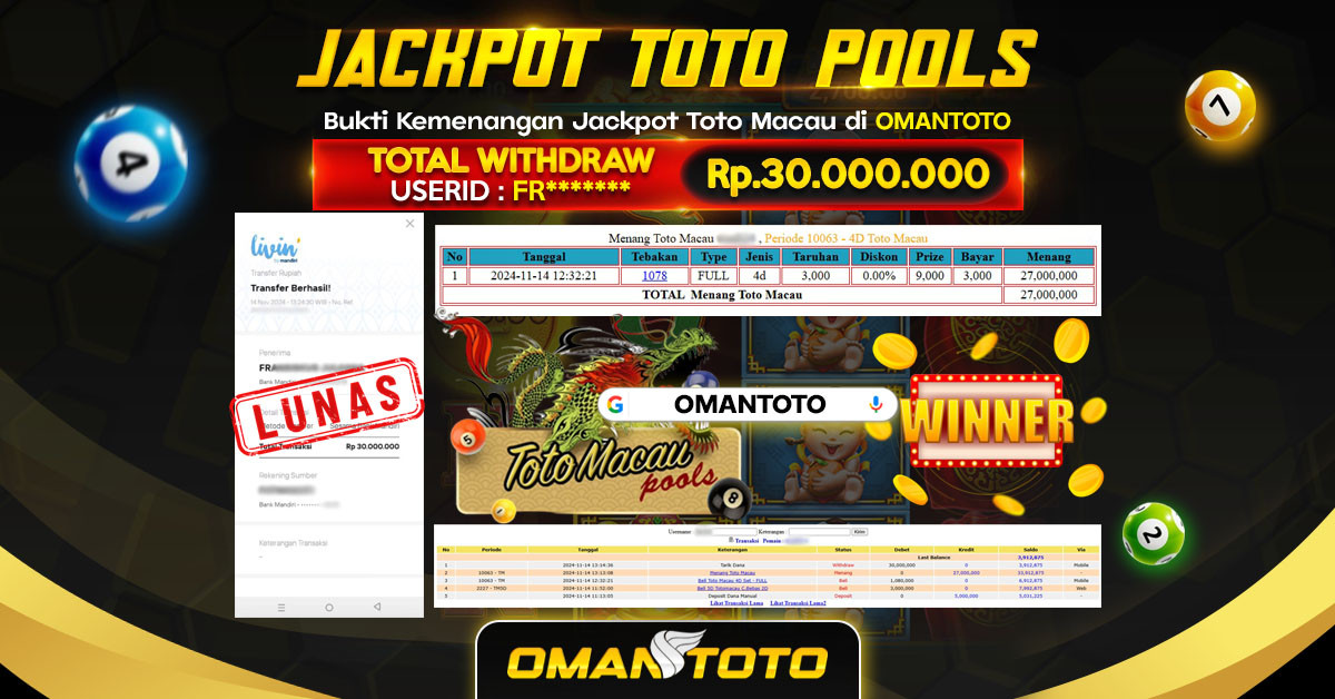 OMANTOTO JACKPOT TOTO MACAU4D Rp. 30.000.000,-