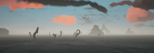 We came across a Kraken as the fog set in over Sea of Thieves. I love the colors and contrast of the dark tentacles against the faded horizon.