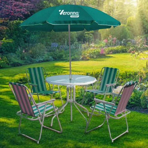Conjuto De Mesa Com 4 Cadeiras + Guarda Sol, Piscina Jardim.jpg