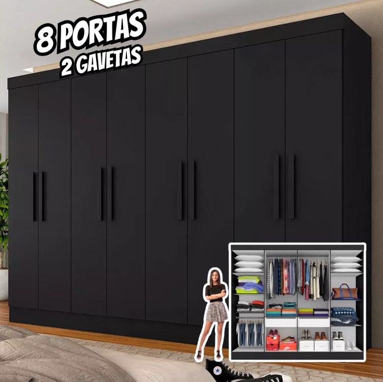 Guarda Roupa Casal Mariah 8 Portas Preto Fosco