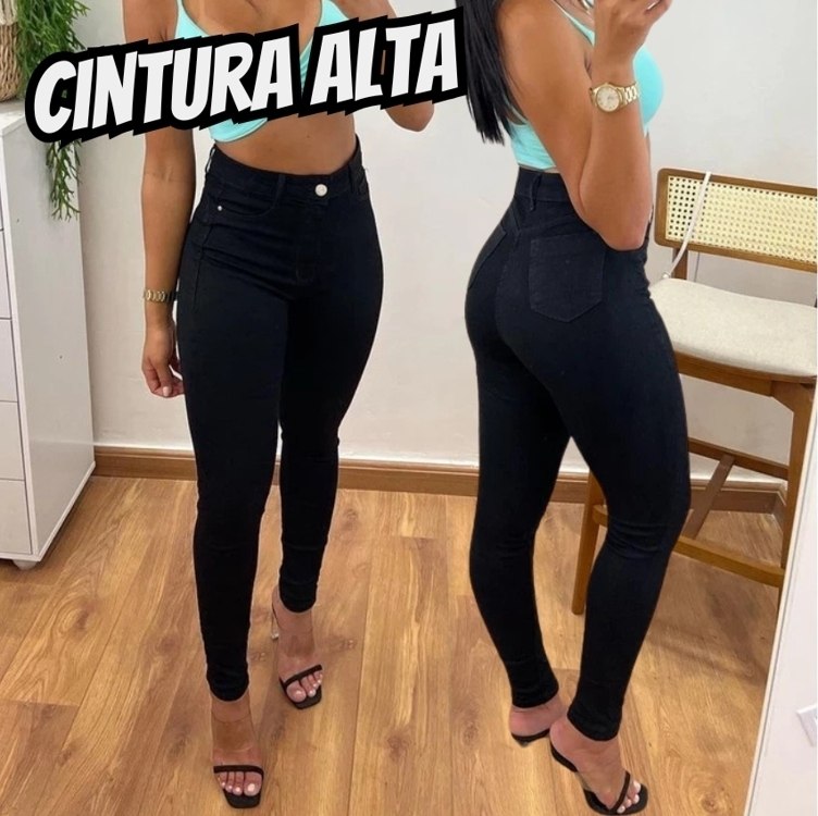 Calça Jeans Preta Feminina Super Lycra Skinny Cintura Alta