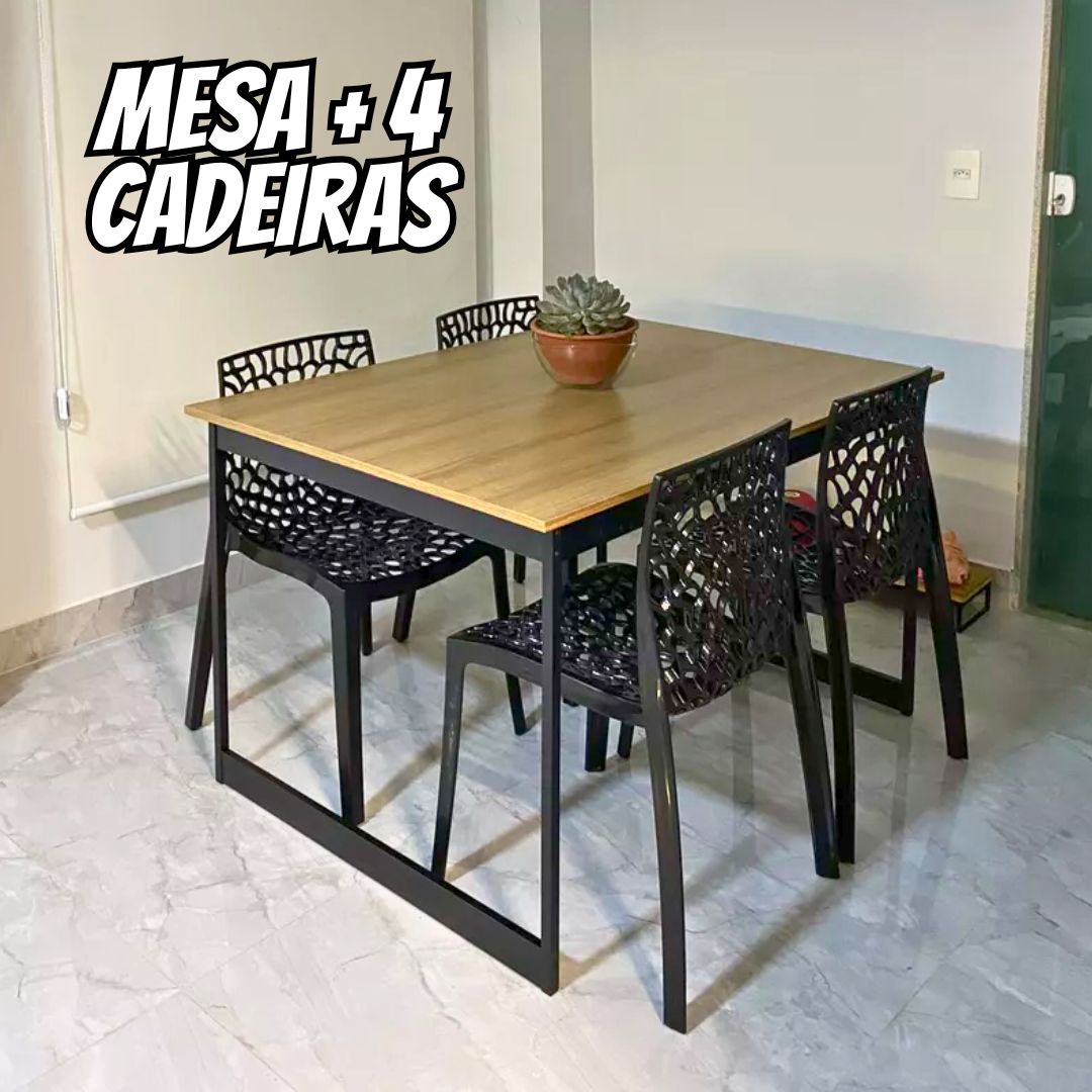 Set Vintage Mesa de Jantar 120x90cm Lâmina com Estrutura Cor Natural/Preto Estilo Industrial com 4 Cadeiras Gruvyer Pretas Sofa Sogude