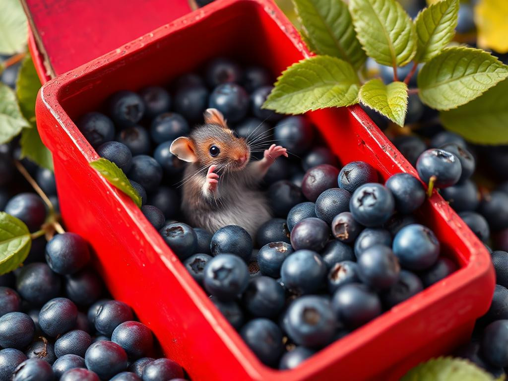 A red box of blue berries with a rat dancing inside