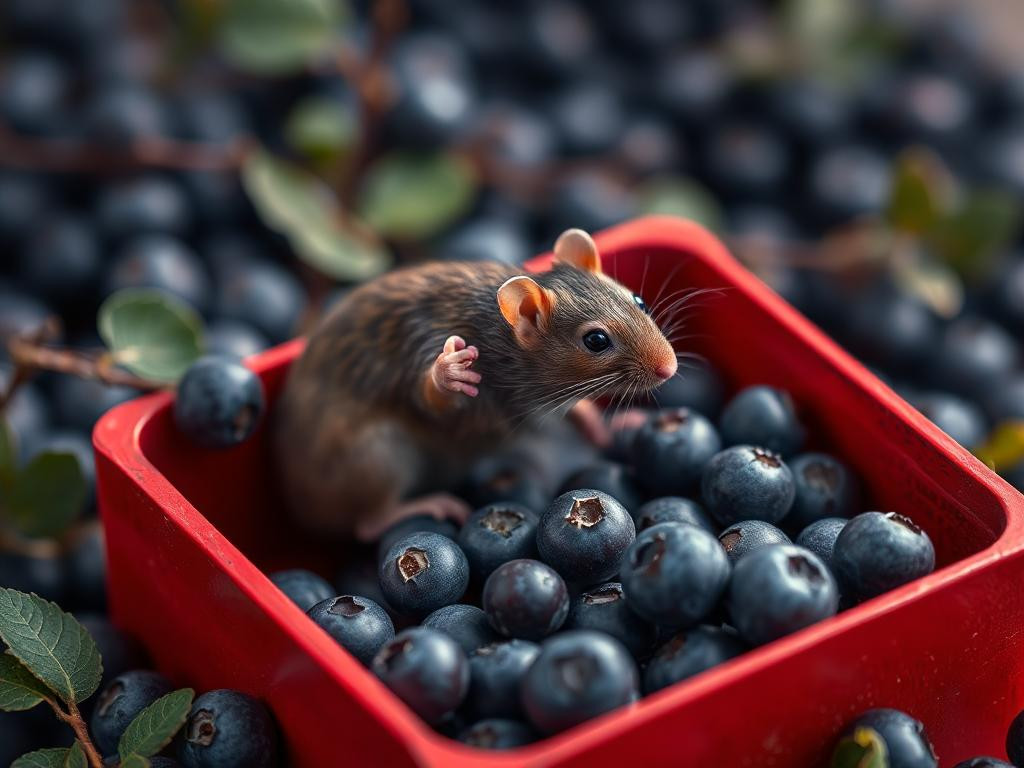 A red box of blue berries with a rat dancing inside