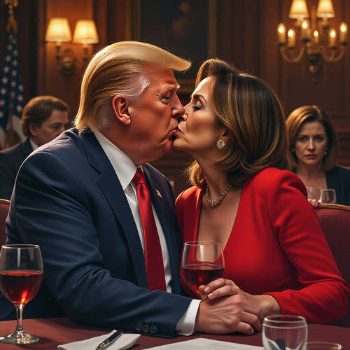 Donald Trump and Nancy Pelosi out on a hot date hyperrealistic sensual kissing as Monica Lewinsky lo.jpg