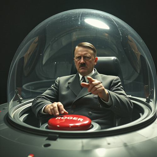Adolf Hitler sitting in an UFO pressing a big red button with the word ROGER on it hyperrealistic ph.jpg