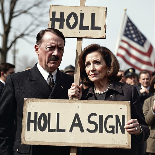 adolf hitler and nancy pelosi hyperealistic hold a sign ROGER.jpg