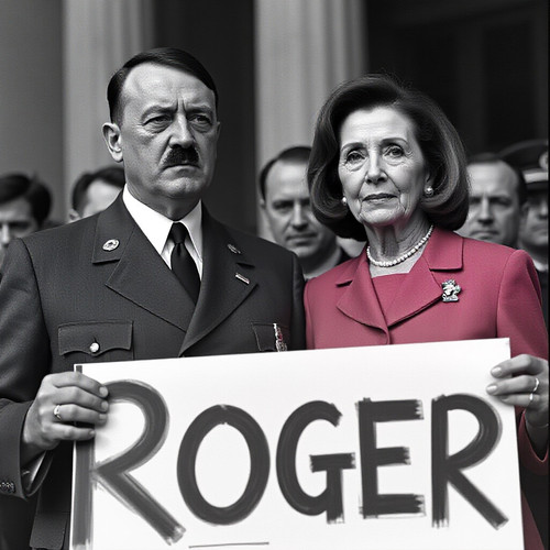 Adolf Hitler and Nancy Pelosi holding a sign saying ROGER.jpg