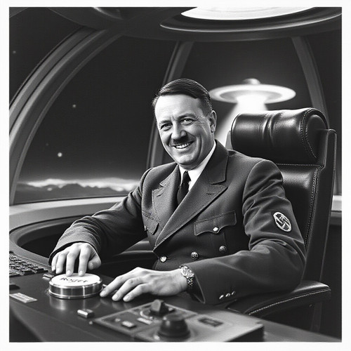 adolf hitler sits in a command center of a UFO smiles and pushes a button with the word Roger on it.jpg