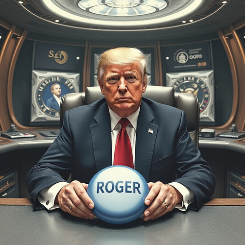 hyperalistic trump sits in a ufo command center and pus a button down with the word roger on it.jpg