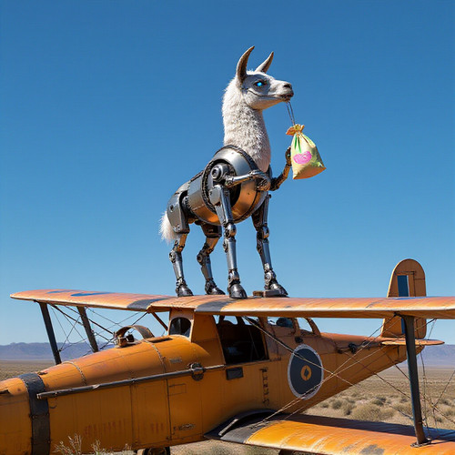 A cyborg llama its metallic body seamlessly integrated with organic tissue sits confidently on top o.jpg