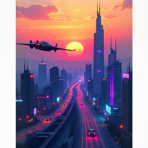 A futuristic cityscape at sunset with flying cars and neon lights .jpg
