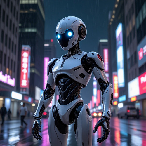 A sleek futuristic robot standing in a neon lit cityscape at night with rain reflecting the bright l.jpg