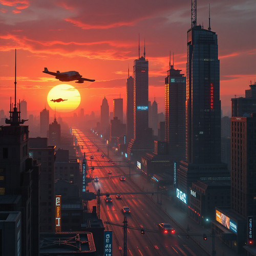A futuristic cityscape at sunset with flying cars and neon lights inspired by Blade Runner .jpg