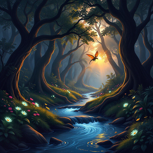 A dense enchanted forest at twilight with rays of soft golden sunlight filtering through the canopy .jpg