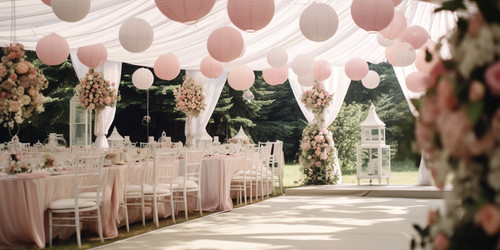romantic garden wedding reception table decorated with pink lanterns flower arrangements.jpg