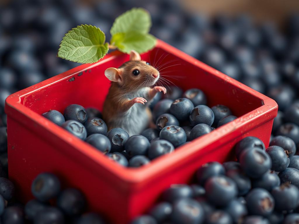 A red box of blue berries with a rat dancing inside