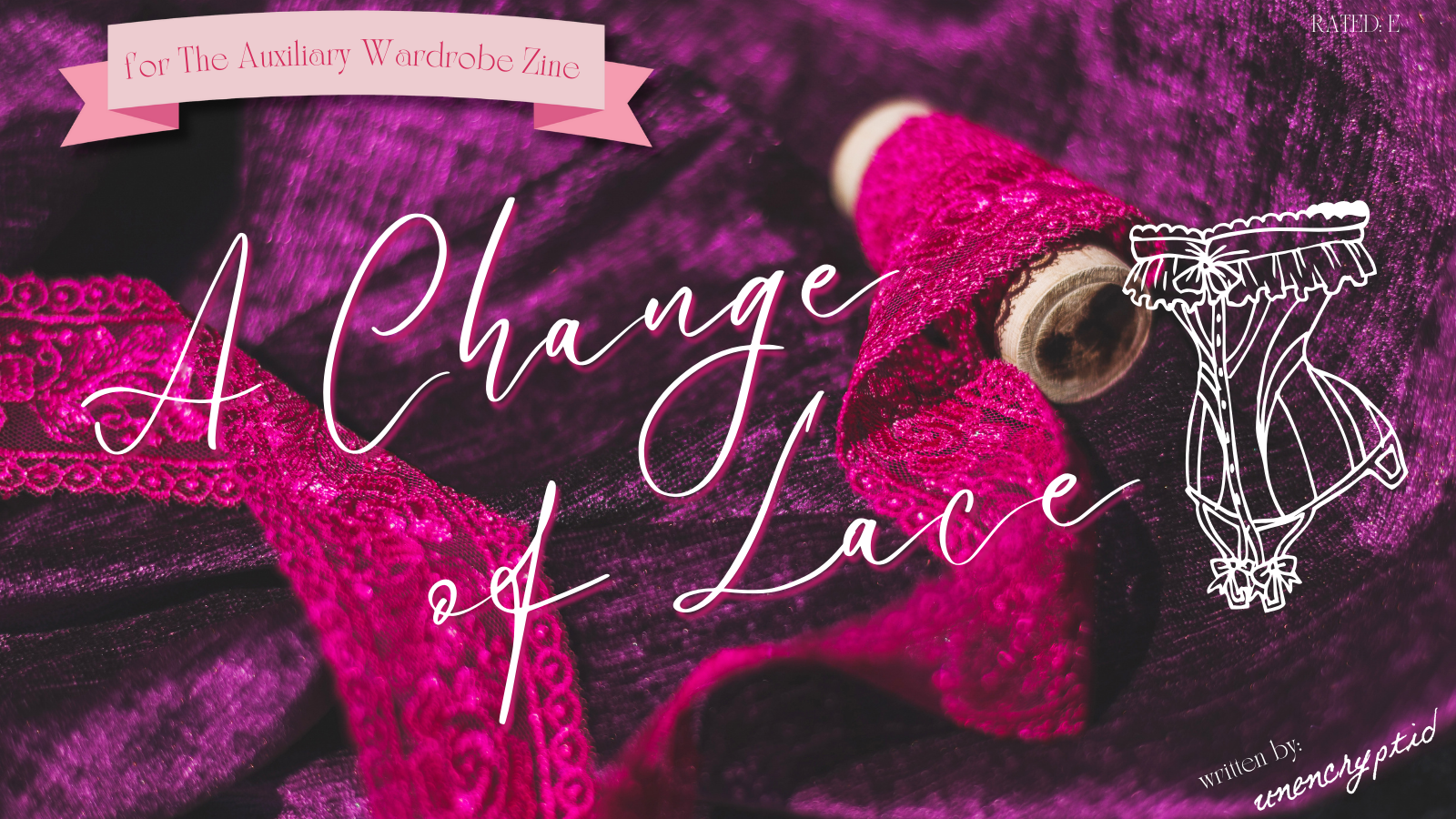 Header for the fic "A Change of Lace" by unencryptid. Image of purple crushed velvet fabric with bright pink lace ribbon unrolled across the center