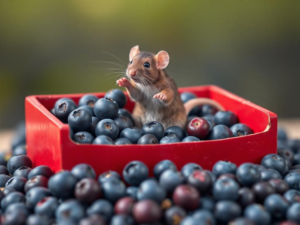 A red box of blue berries with a rat dancing inside