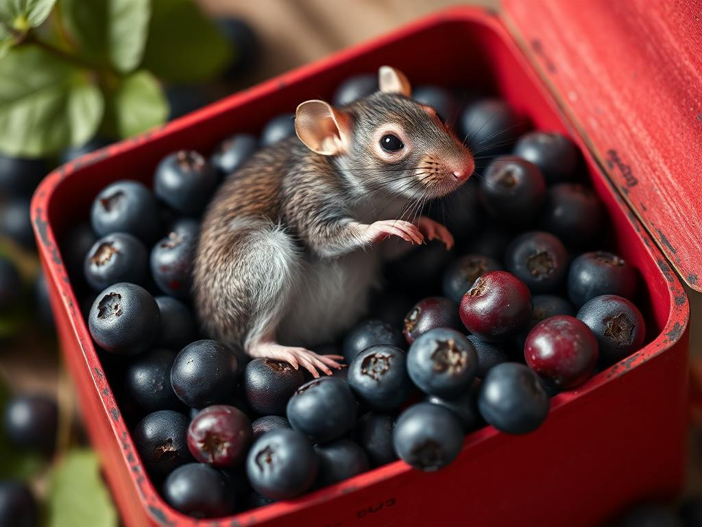 A red box of blue berries with a rat dancing inside