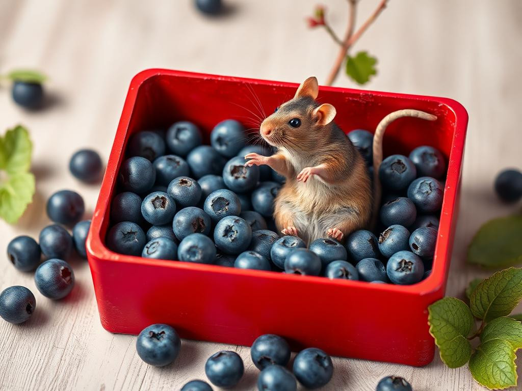 A red box of blue berries with a rat dancing inside