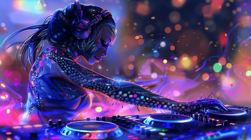 beautiful female alien playing turntable DJ, scales on her skin, side view, colourful, 4K, Digital p.jpg