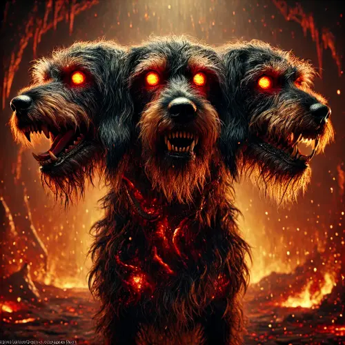 DALL·E 2025 02 09 13.43.37 A hellhound version of a wire haired dachshund with three heads. The dog 