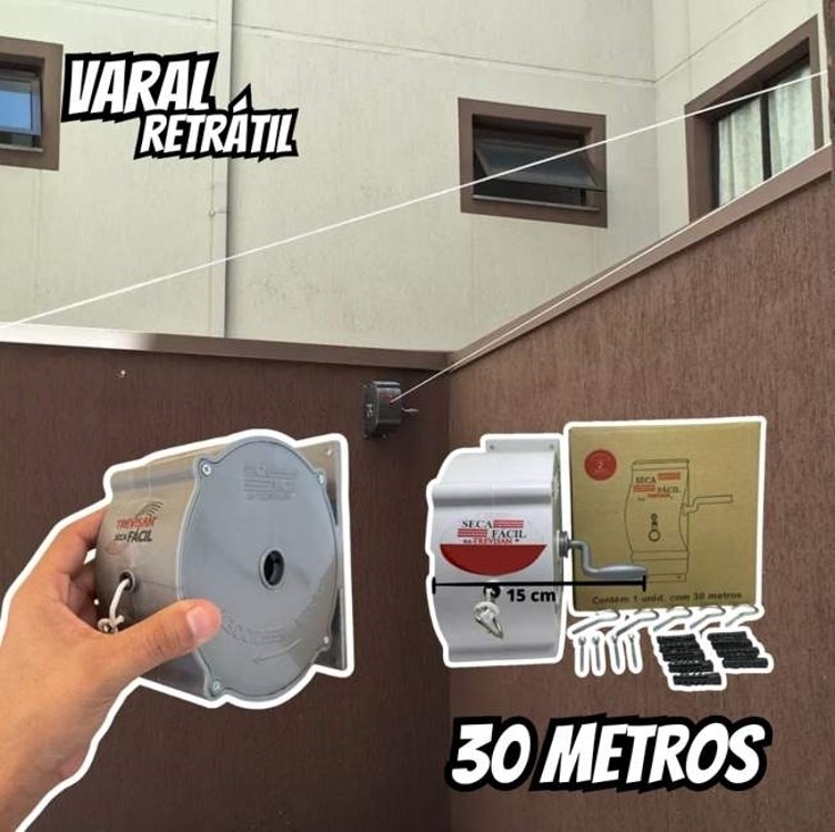 Varal Nylon Retrátil Recolhível De Parede Seca Fácil 30m