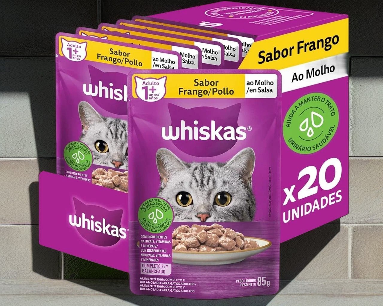 Pack Ração Úmida Whiskas Sachê Frango ao Molho para Gatos Adultos 85 g – 20 unidades