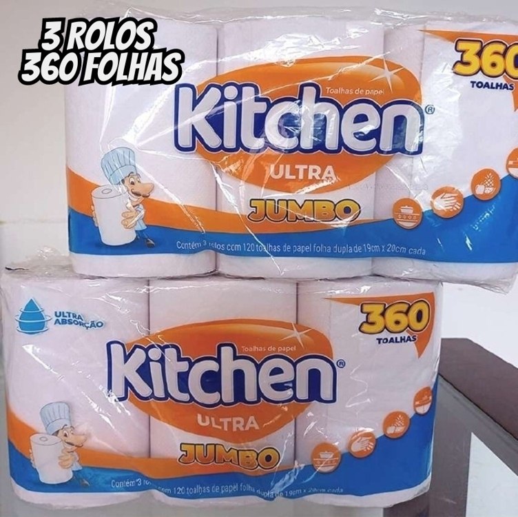 Papel Toalha Folha Dupla Jumbo Kitchen – 3 Rolos 360 Folhas