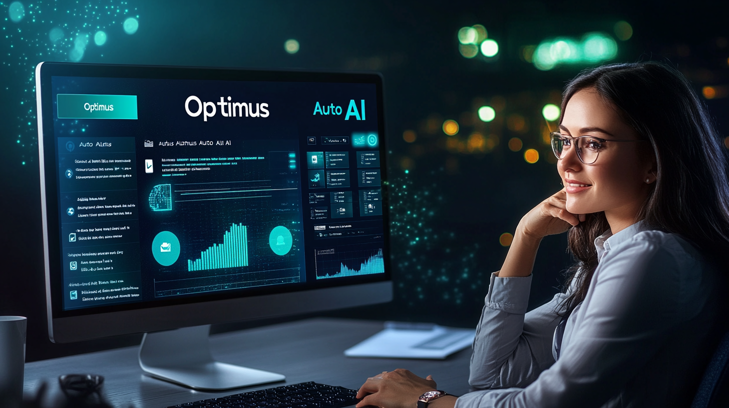 A professional woman in business attire smiles confidently while viewing a modern desktop computer screen displaying the 'Optimus Auto AI' dashboard. The dashboard showcases dynamic features, including automated email notifications, CRM updates, ad campaign analytics, and AI-driven business solutions, highlighted by the 'Optimus Auto AI' logo. The scene is set in a sleek office environment with glowing teal and navy accents, symbolizing innovation, automation, and efficiency