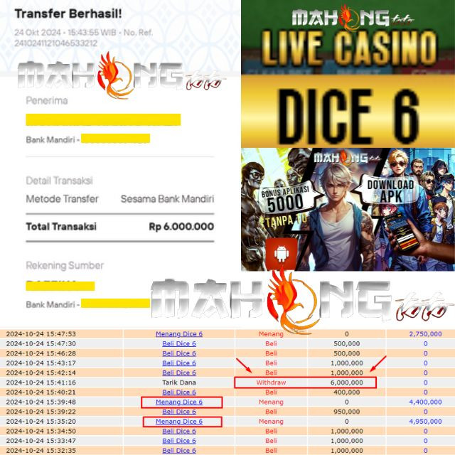SELAMAT KEPADA ID XXXX JACKPOT PERMAINAN LIVEGAME DICE 6 DI WEB MAHONGTOTO