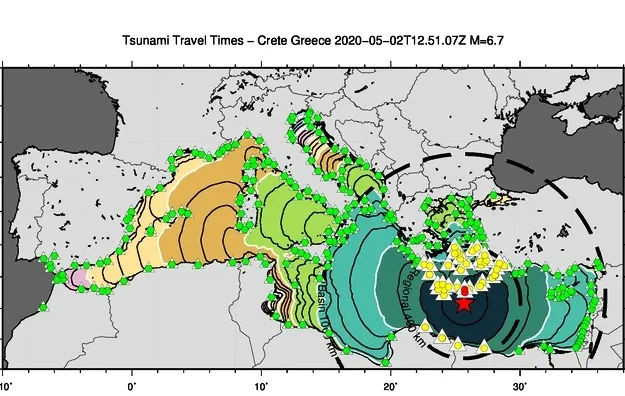 L'allerta tsunami diramata dal CAT otto minuti dopo il terremoto del 2 maggio 2020 al largo dell'isola greca di Creta.