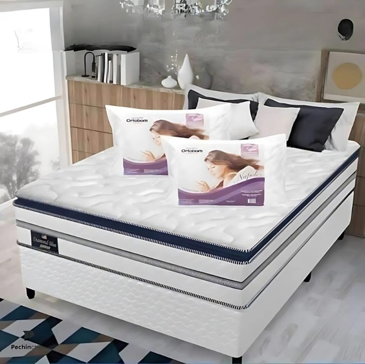 Cama Box Casal (Box + Colchão) Gazin de Mola – Ensacada 59cm de Altura + 2 Travesseiros Ortobom