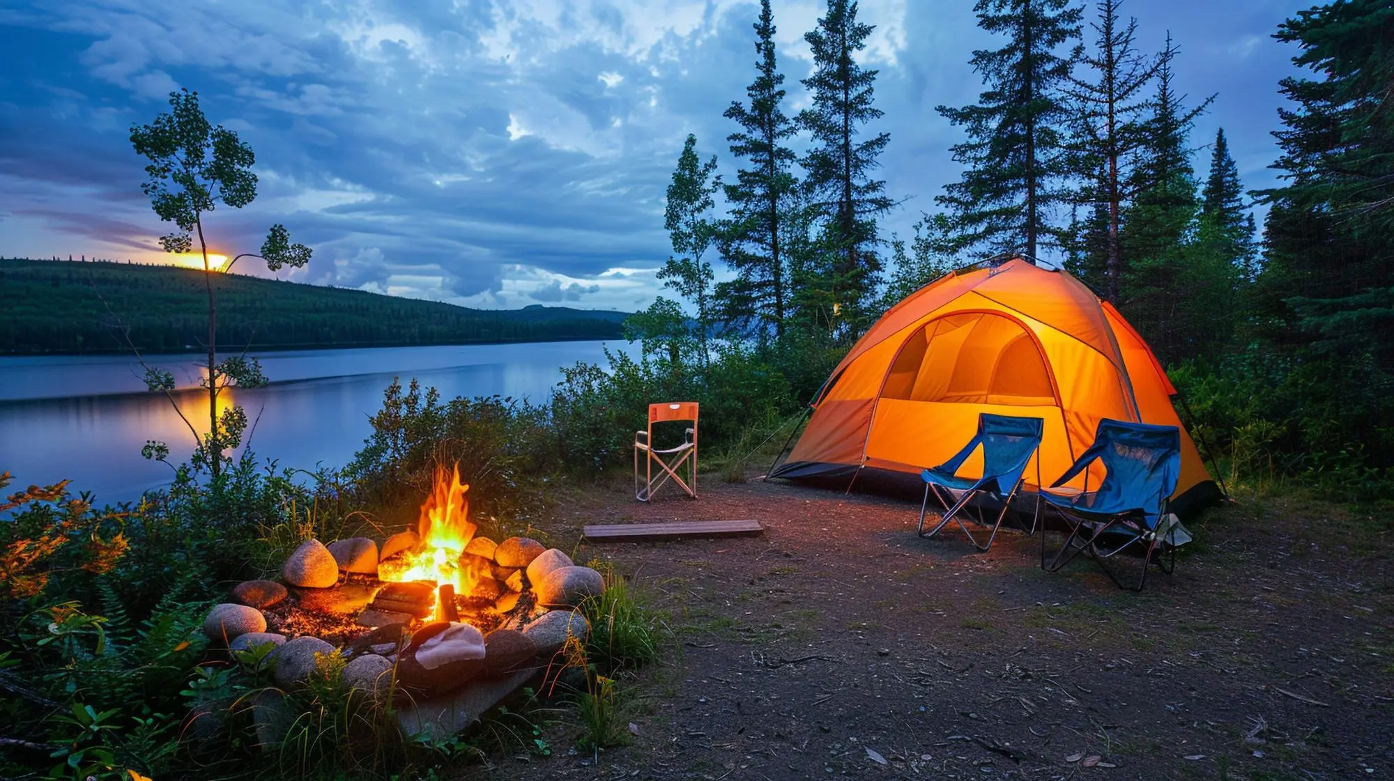 tourists camping with tent near fire forest near lake کمپینگ چیست