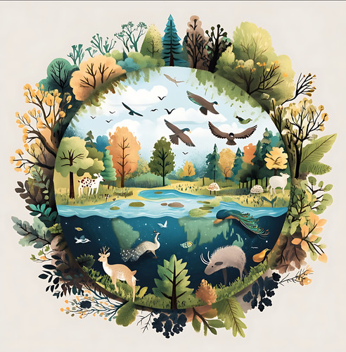 235 Illustration of the earth in an illustrated style with trees animals and birds arranged around i.jpg