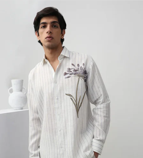 White Striped Print Luxury Linen Men's Cotton Shirt.png