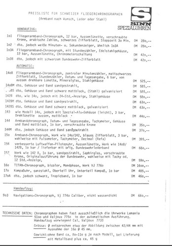 Sinn Chronos Preisliste ca1983