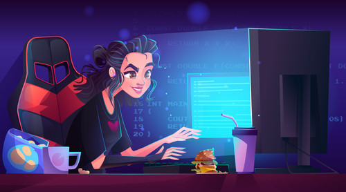 Software programmer girl office work vector design. Dark computer desk on workspace and woman charac.jpg