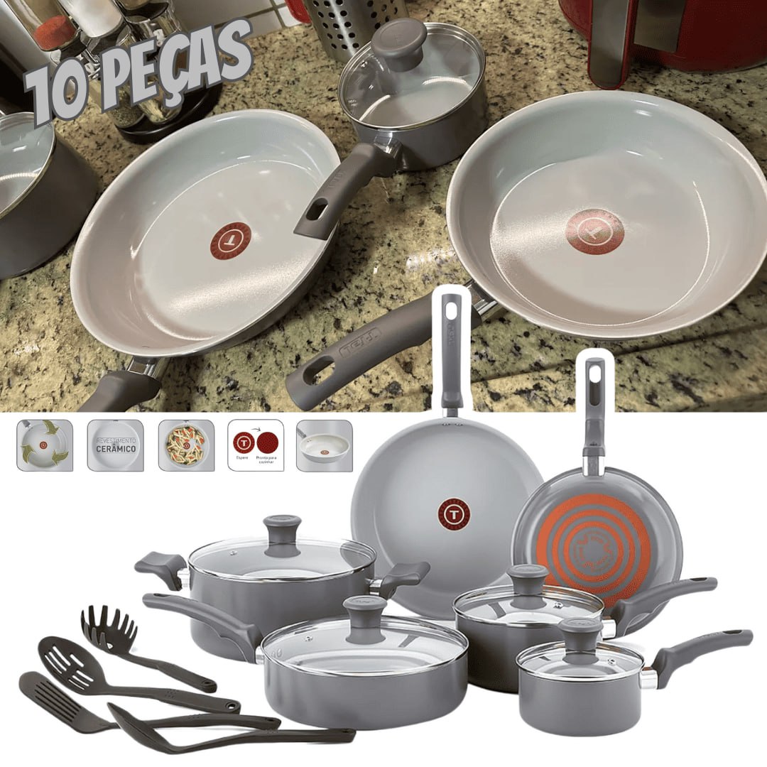 Jogo de Panelas Tefal Recycled Ceramic Cinza 10 Peças