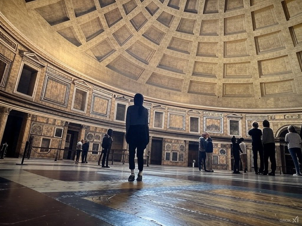 Vista del Pantheon di Roma, famosa per la sua cupola in calcestruzzo non armato, simbolo della durabilità del calcestruzzo romano.