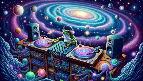 frog dj playing music space filled spiral dots planets ai generated illustration cheerful amphibian .webp