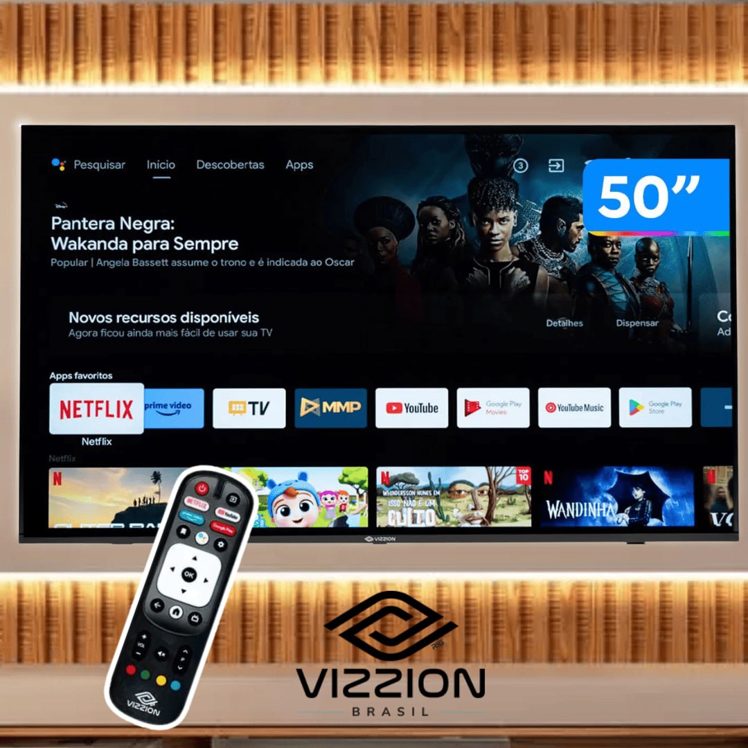 Smart TV 50” 4K DLED Rig Vizzion BR50GUA IPS – Android Wi-Fi Google Assistente 3 HDMI 2 USB