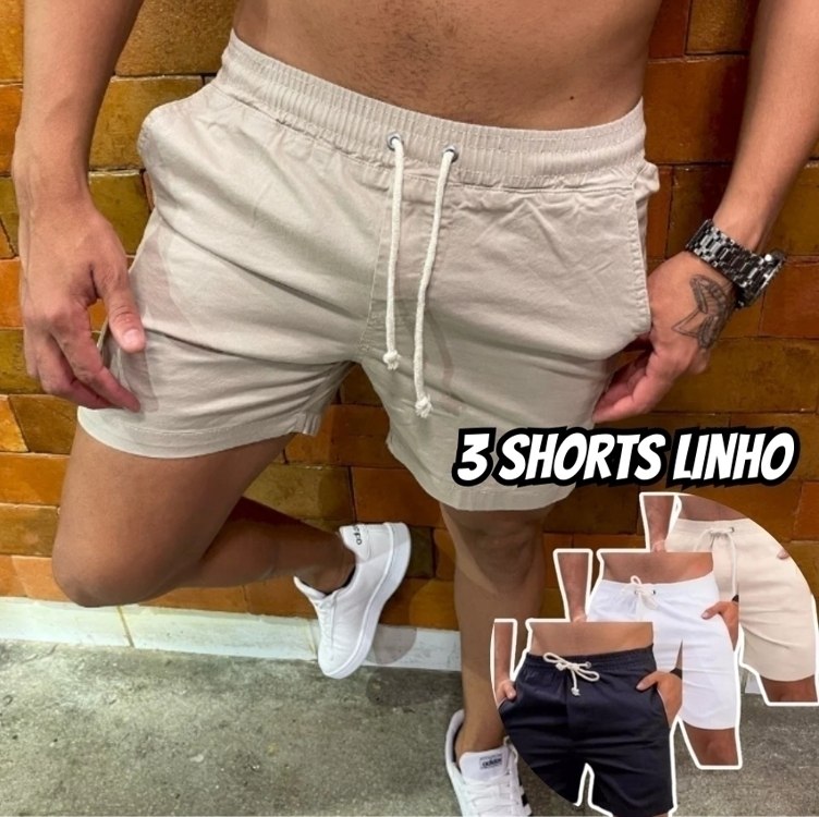 Kit Com 3 Shorts Premium Linho Masculino Linha Praia Verão